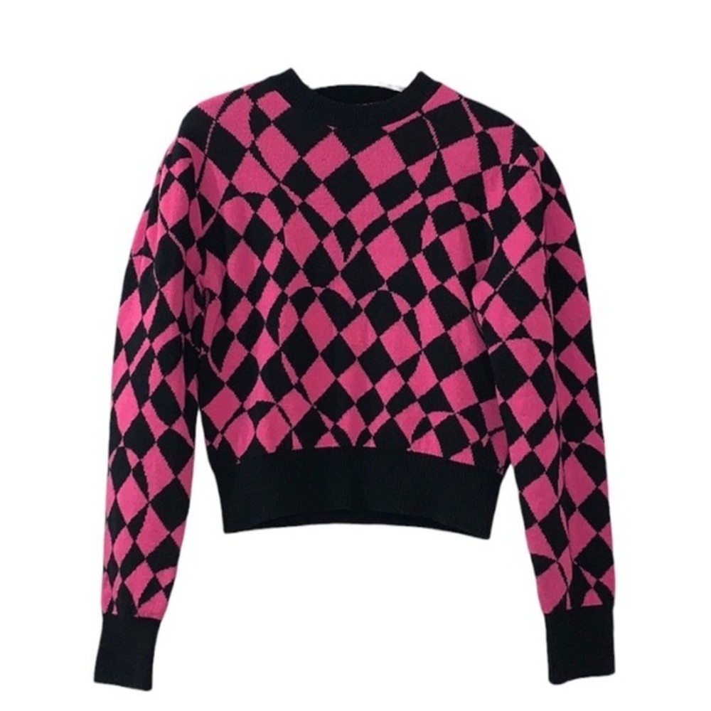 MSGM Milano Argyle Sweater Pink Black Medium Heart Knit Puff Sleeve Wool Blend
